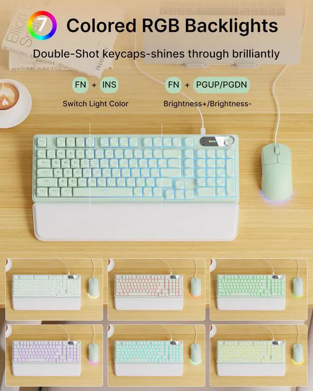 Alt view image 4 of 7 - Wired Keyboard and Mouse Combo with Detachable Wrist Rest, Quiet Ergonomic Keyboard Mouse Set with Multimedia Knob, RGB Backlit, Double-Shot Keycaps Natural Typing for Laptop, PC - Green