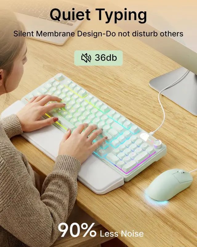 Alt view image 6 of 7 - Wired Keyboard and Mouse Combo with Detachable Wrist Rest, Quiet Ergonomic Keyboard Mouse Set with Multimedia Knob, RGB Backlit, Double-Shot Keycaps Natural Typing for Laptop, PC - Green