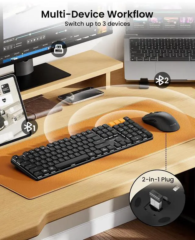 Alt view image 3 of 7 - KM310 Mechanical Keyboard and Mouse, Wireless Rechargeable Aluminum Keyboard Mouse, 2.4G+Dual Bluetooth, Linear Red Switches, Multi-Device, No Backlight, for Windows/Mac - Black