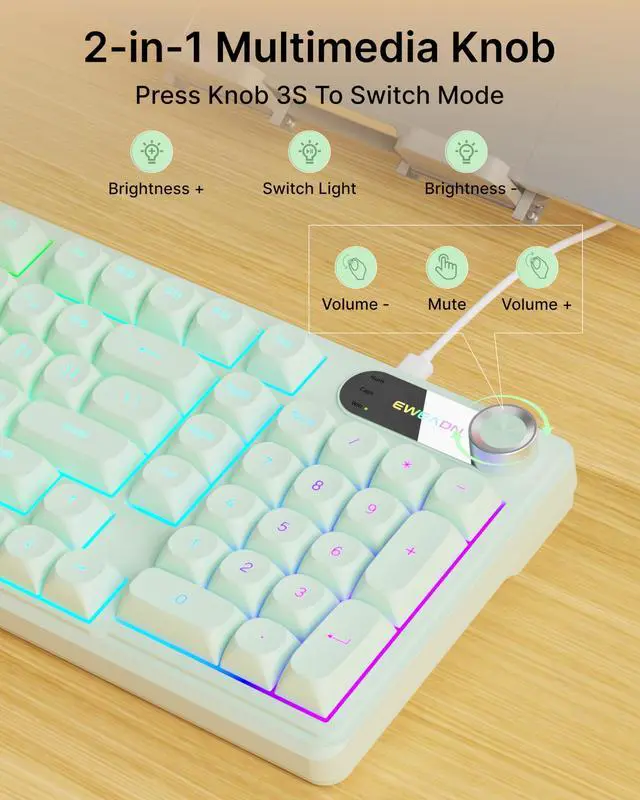 Alt view image 7 of 7 - Wired Keyboard and Mouse Combo with Detachable Wrist Rest, Quiet Ergonomic Keyboard Mouse Set with Multimedia Knob, RGB Backlit, Double-Shot Keycaps Natural Typing for Laptop, PC - Green