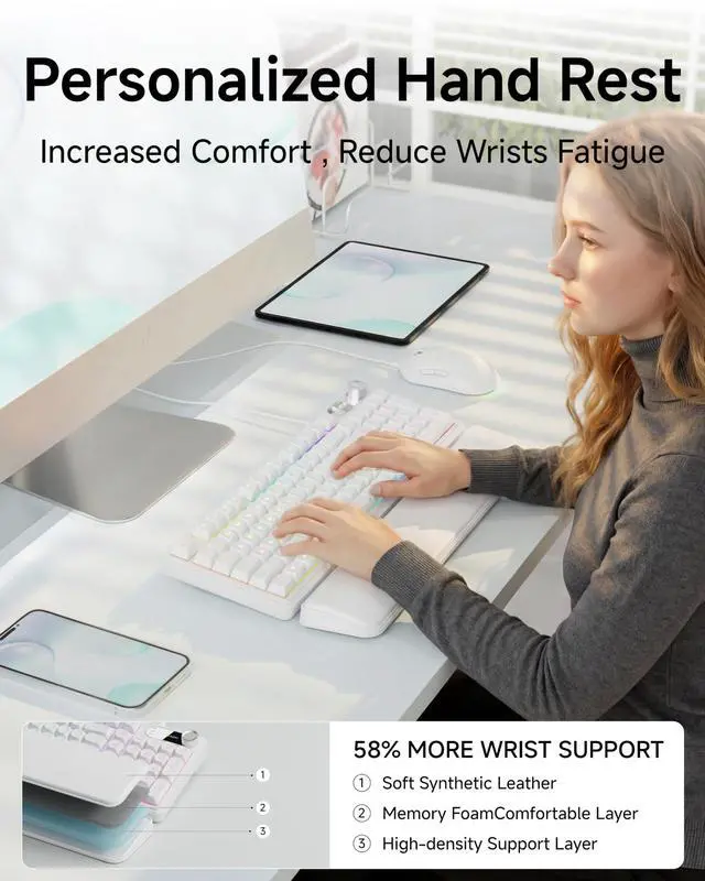 Alt view image 4 of 7 - Wired Keyboard and Mouse Combo with Detachable Wrist Rest, Quiet Ergonomic Keyboard Mouse Set with Multimedia Knob, RGB Backlit, Double-Shot Keycaps Natural Typing for Laptop, PC - White