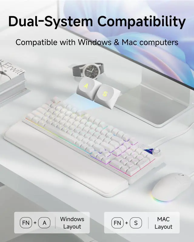 Alt view image 2 of 7 - Wired Keyboard and Mouse Combo with Detachable Wrist Rest, Quiet Ergonomic Keyboard Mouse Set with Multimedia Knob, RGB Backlit, Double-Shot Keycaps Natural Typing for Laptop, PC - White