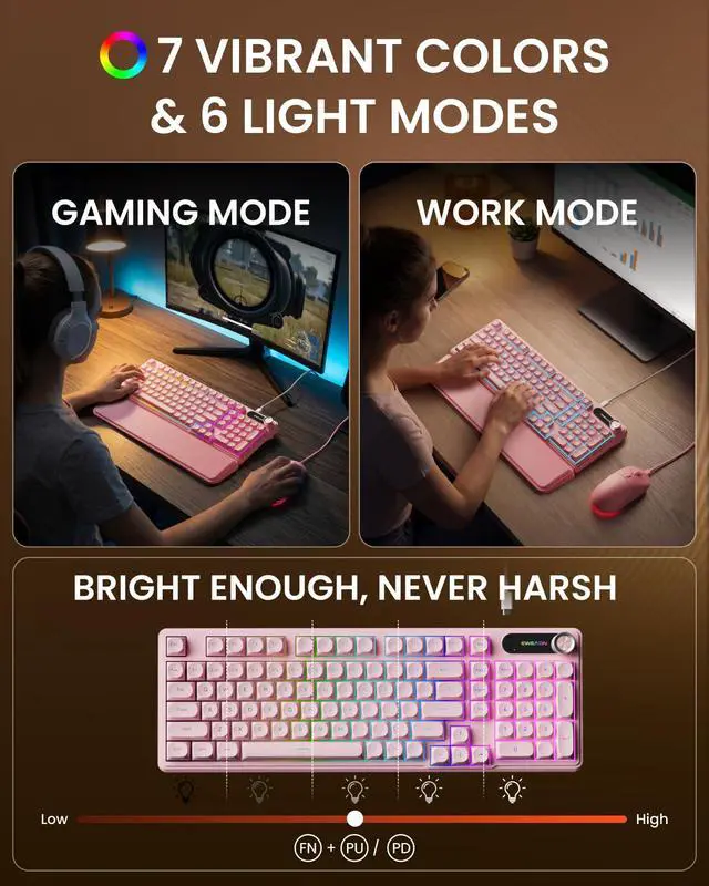 Alt view image 3 of 7 - Wired Keyboard and Mouse Combo with Detachable Wrist Rest, Quiet Ergonomic Keyboard Mouse Set with Multimedia Knob, RGB Backlit, Double-Shot Keycaps Natural Typing for Laptop, PC - Pink