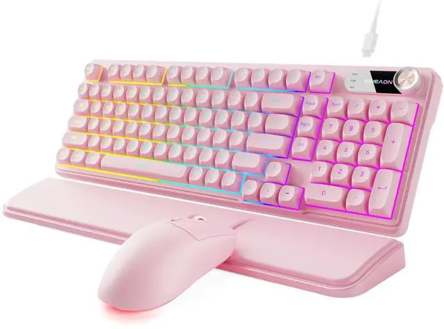 Main image of Wired Keyboard and Mouse Combo with Detachable Wrist Rest, Quiet Ergonomic Keyboard Mouse Set with Multimedia Knob, RGB Backlit, Double-Shot Keycaps Natural Typing for Laptop, PC - Pink