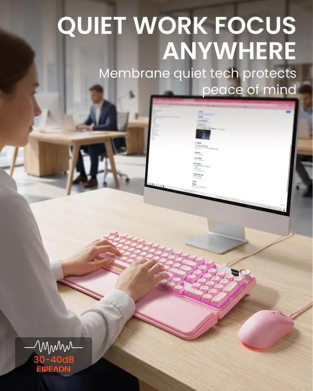 Alt view image 6 of 7 - Wired Keyboard and Mouse Combo with Detachable Wrist Rest, Quiet Ergonomic Keyboard Mouse Set with Multimedia Knob, RGB Backlit, Double-Shot Keycaps Natural Typing for Laptop, PC - Pink