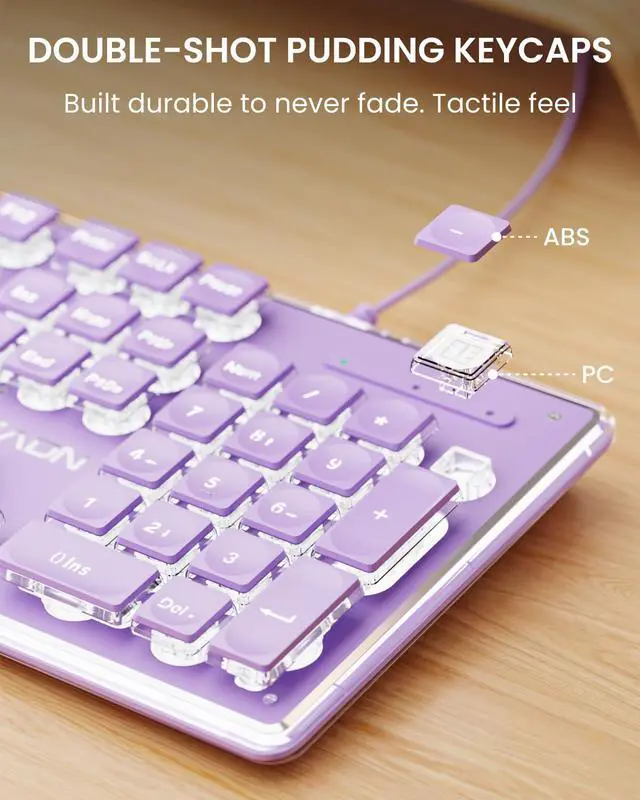 Alt view image 2 of 7 - GX710S Wired Keyboard and Mouse Combo with White Backlit Pudding Keycaps, Wrist Rest, Full Size, Metal Panel, Quiet Cute Ergonomic Computer Keyboard Mouse Set for Windows PC Desktop - Purple