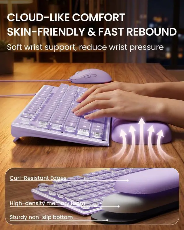 Alt view image 4 of 7 - GX710S Wired Keyboard and Mouse Combo with White Backlit Pudding Keycaps, Wrist Rest, Full Size, Metal Panel, Quiet Cute Ergonomic Computer Keyboard Mouse Set for Windows PC Desktop - Purple