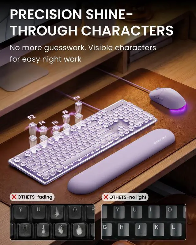 Alt view image 3 of 7 - GX710S Wired Keyboard and Mouse Combo with White Backlit Pudding Keycaps, Wrist Rest, Full Size, Metal Panel, Quiet Cute Ergonomic Computer Keyboard Mouse Set for Windows PC Desktop - Purple