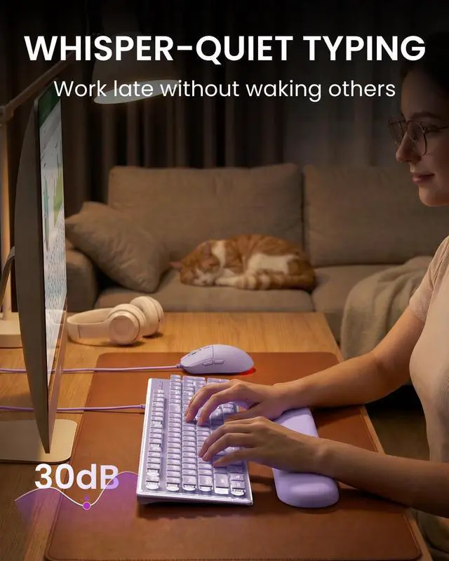 Alt view image 7 of 7 - GX710S Wired Keyboard and Mouse Combo with White Backlit Pudding Keycaps, Wrist Rest, Full Size, Metal Panel, Quiet Cute Ergonomic Computer Keyboard Mouse Set for Windows PC Desktop - Purple