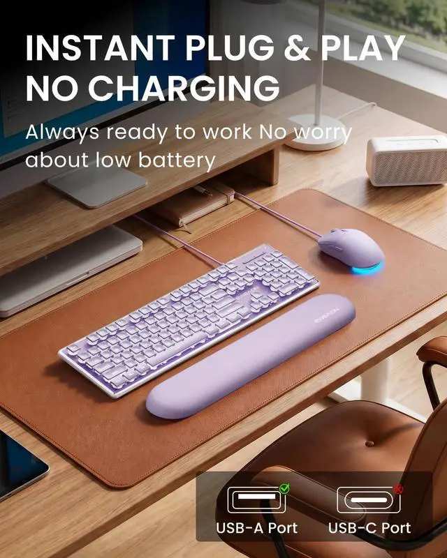 Alt view image 6 of 7 - GX710S Wired Keyboard and Mouse Combo with White Backlit Pudding Keycaps, Wrist Rest, Full Size, Metal Panel, Quiet Cute Ergonomic Computer Keyboard Mouse Set for Windows PC Desktop - Purple