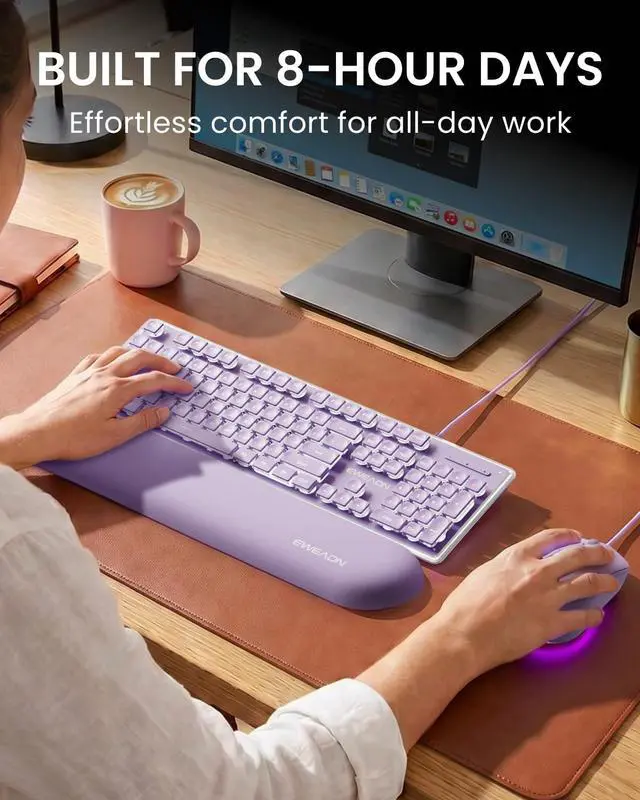 Alt view image 5 of 7 - GX710S Wired Keyboard and Mouse Combo with White Backlit Pudding Keycaps, Wrist Rest, Full Size, Metal Panel, Quiet Cute Ergonomic Computer Keyboard Mouse Set for Windows PC Desktop - Purple