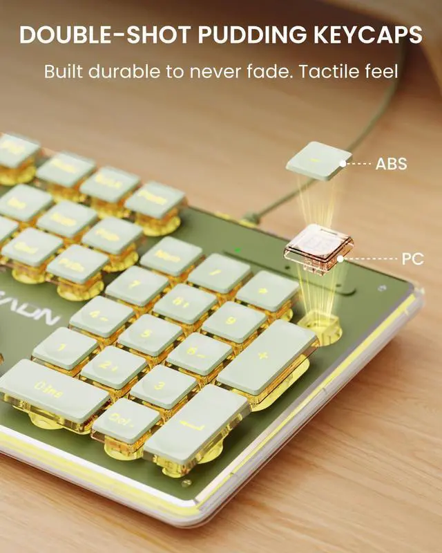 Alt view image 2 of 7 - GX710S Wired Keyboard and Mouse Combo with Warm Backlit Pudding Keycaps, Wrist Rest, Full Size, Metal Panel, Quiet Cute Ergonomic Computer Keyboard Mouse Set for Windows PC Desktop - Green