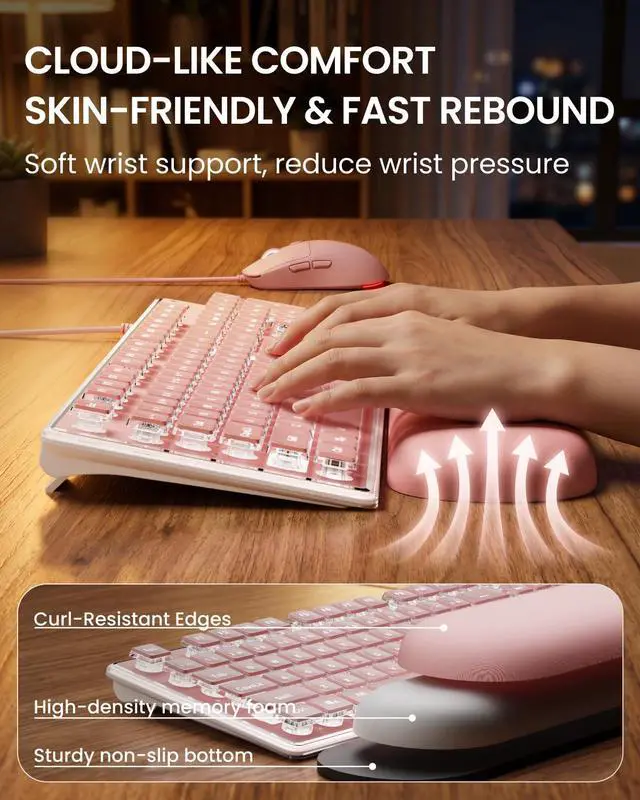 Alt view image 4 of 7 - GX710S Wired Keyboard and Mouse Combo with White Backlit Pudding Keycaps, Wrist Rest, Full Size, Metal Panel, Quiet Cute Ergonomic Computer Keyboard Mouse Set for Windows PC Desktop - Pink