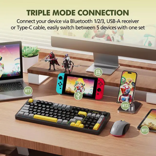 Alt view image 2 of 7 - Wireless Keyboard and Mouse Combo Creamy with Number Pad for Desktop Mac iPad Bluetooth/2.4ghz/Wired Rechargeable Light up RGB Quiet Compatible with PC Laptop Tablet (Black)