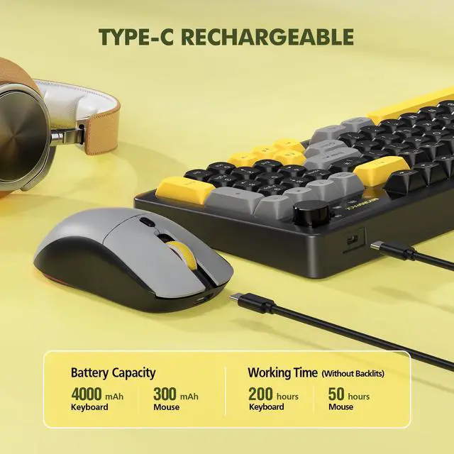 Alt view image 3 of 7 - Wireless Keyboard and Mouse Combo Creamy with Number Pad for Desktop Mac iPad Bluetooth/2.4ghz/Wired Rechargeable Light up RGB Quiet Compatible with PC Laptop Tablet (Black)