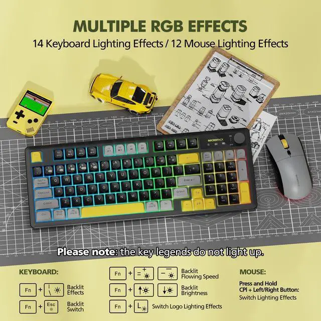 Alt view image 4 of 7 - Wireless Keyboard and Mouse Combo Creamy with Number Pad for Desktop Mac iPad Bluetooth/2.4ghz/Wired Rechargeable Light up RGB Quiet Compatible with PC Laptop Tablet (Black)