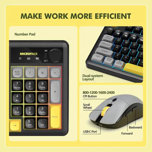 Alt view image 6 of 7 - Wireless Keyboard and Mouse Combo Creamy with Number Pad for Desktop Mac iPad Bluetooth/2.4ghz/Wired Rechargeable Light up RGB Quiet Compatible with PC Laptop Tablet (Black)