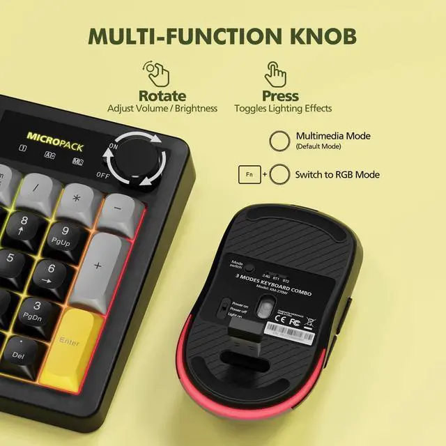 Alt view image 7 of 7 - Wireless Keyboard and Mouse Combo Creamy with Number Pad for Desktop Mac iPad Bluetooth/2.4ghz/Wired Rechargeable Light up RGB Quiet Compatible with PC Laptop Tablet (Black)