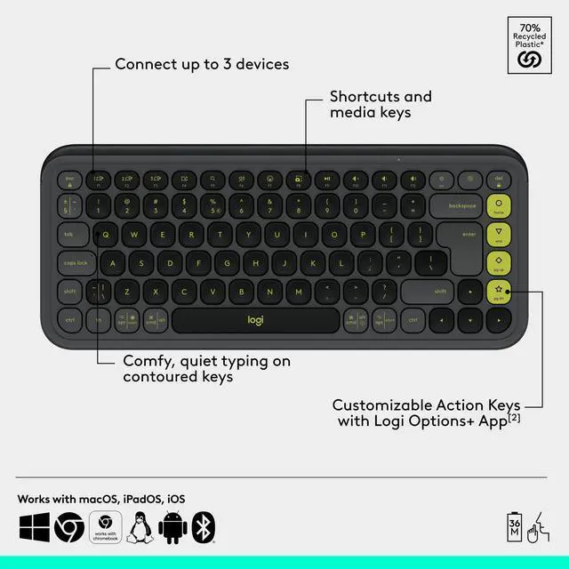 Alt view image 6 of 7 - POP ICON Combo, Wireless Bluetooth Keyboard and Mouse, Comfortable Typing, programmable Keys and Buttons, Quiet clicks, Easy-Switch up to 3 Devices - Graphite and Lime