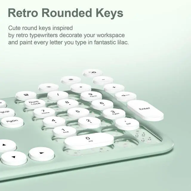 Alt view image 3 of 7 - 2.4GHz Full Size Wireless Keyboard and Mouse Combo,Ultra Slim Silent Cute Aesthetic Retro Round Keycap,Cordless Quiet Green Keyboard and Mouse Wireless for Windows,Mac OS (Macaron Green)