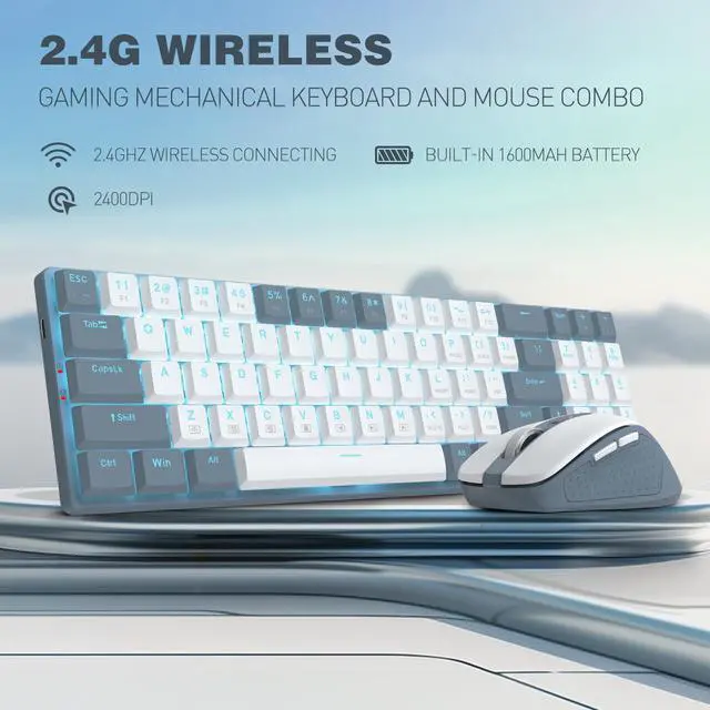 Alt view image 2 of 7 - BS8773 Wireless Keyboard and Mouse Combo, 78 Keys 2.4Ghz Wireless Low-Profile Mechanical Red Switch Keyboard w/Slim Compact Design & Single Blue Backlit, Comfort Grip 2400 DPI Max Mouse
