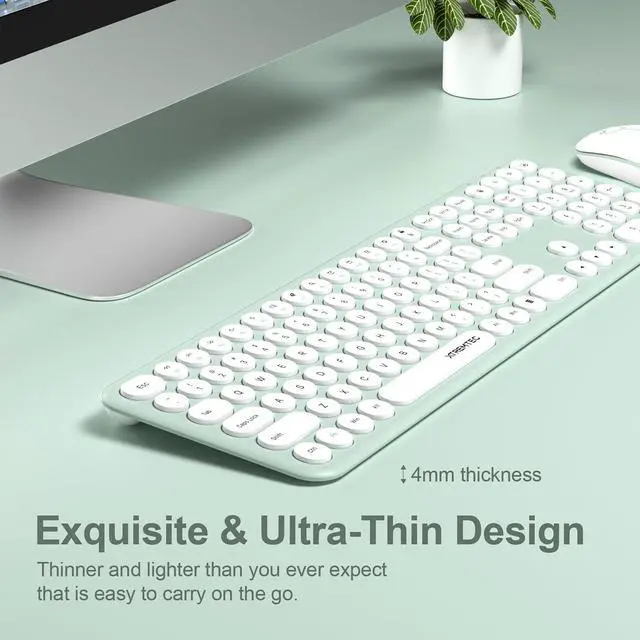 Alt view image 4 of 7 - 2.4GHz Full Size Wireless Keyboard and Mouse Combo,Ultra Slim Silent Cute Aesthetic Retro Round Keycap,Cordless Quiet Green Keyboard and Mouse Wireless for Windows,Mac OS (Macaron Green)