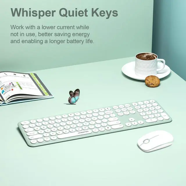 Alt view image 6 of 7 - 2.4GHz Full Size Wireless Keyboard and Mouse Combo,Ultra Slim Silent Cute Aesthetic Retro Round Keycap,Cordless Quiet Green Keyboard and Mouse Wireless for Windows,Mac OS (Macaron Green)