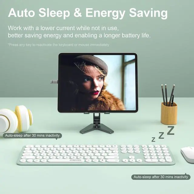 Alt view image 7 of 7 - 2.4GHz Full Size Wireless Keyboard and Mouse Combo,Ultra Slim Silent Cute Aesthetic Retro Round Keycap,Cordless Quiet Green Keyboard and Mouse Wireless for Windows,Mac OS (Macaron Green)
