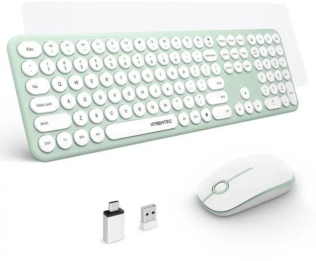 Main image of 2.4GHz Full Size Wireless Keyboard and Mouse Combo,Ultra Slim Silent Cute Aesthetic Retro Round Keycap,Cordless Quiet Green Keyboard and Mouse Wireless for Windows,Mac OS (Macaron Green)