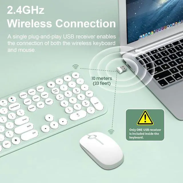 Alt view image 2 of 7 - 2.4GHz Full Size Wireless Keyboard and Mouse Combo,Ultra Slim Silent Cute Aesthetic Retro Round Keycap,Cordless Quiet Green Keyboard and Mouse Wireless for Windows,Mac OS (Macaron Green)