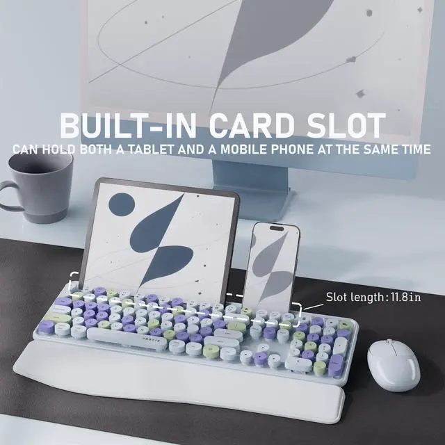 Alt view image 2 of 5 - Ergonomic Wireless Keyboard and Mouse Combo with Phone Holder Wrist Rest, Round Colorful Keys, Power Switches, 2.4GHz USB Receiver, Full-Size QWERTY Layout for PC Laptop(Light-Blue)