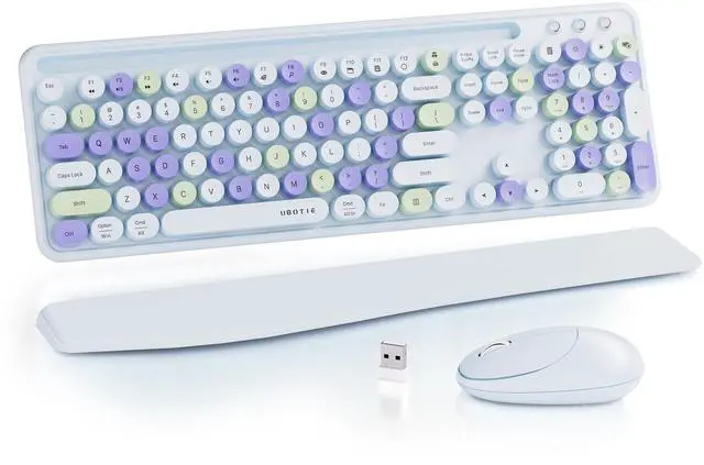 Main image of Ergonomic Wireless Keyboard and Mouse Combo with Phone Holder Wrist Rest, Round Colorful Keys, Power Switches, 2.4GHz USB Receiver, Full-Size QWERTY Layout for PC Laptop(Light-Blue)