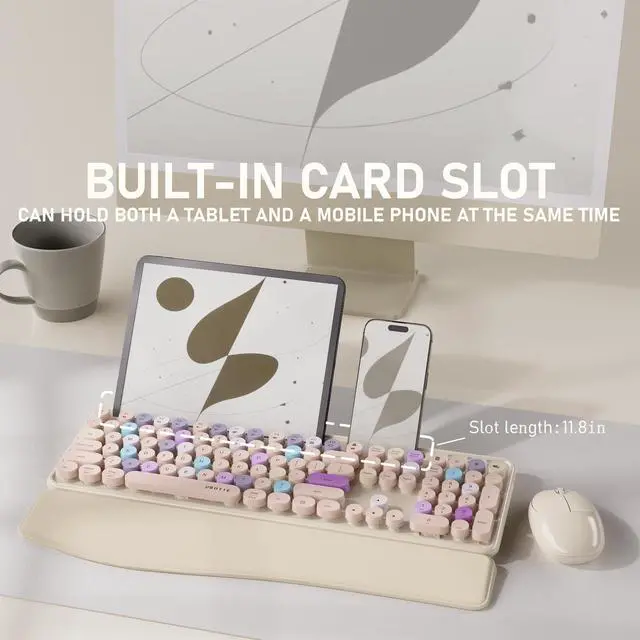 Alt view image 2 of 6 - Ergonomic Wireless Keyboard and Mouse Combo with Phone Holder Wrist Rest, Round Colorful Keys, Power Switches, 2.4GHz USB Receiver, Full