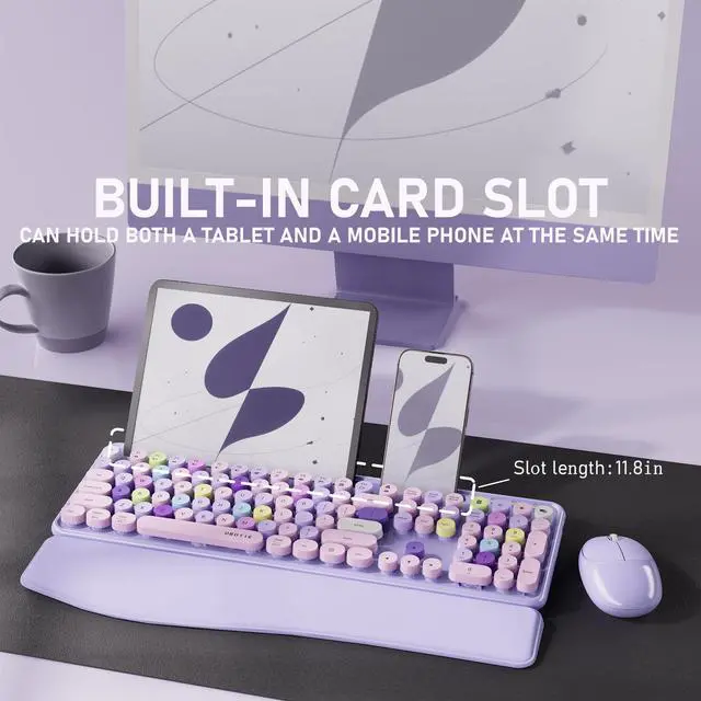 Alt view image 2 of 6 - Ergonomic Wireless Keyboard and Mouse Combo with Phone Holder Wrist Rest, Round Colorful Keys, Power Switches, 2.4GHz USB Receiver, Full-Size QWERTY Layout for PC Laptop (Purple Colorful)