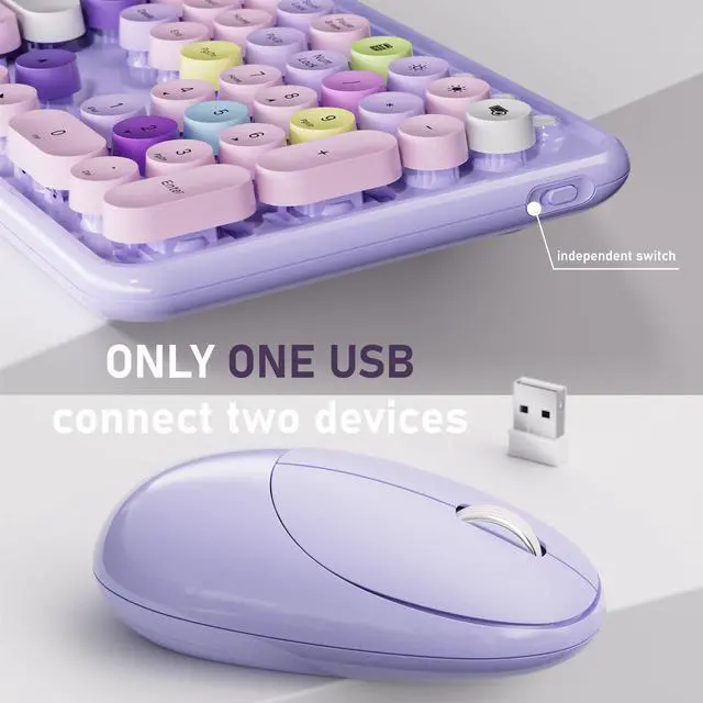 Alt view image 5 of 6 - Ergonomic Wireless Keyboard and Mouse Combo with Phone Holder Wrist Rest, Round Colorful Keys, Power Switches, 2.4GHz USB Receiver, Full-Size QWERTY Layout for PC Laptop (Purple Colorful)