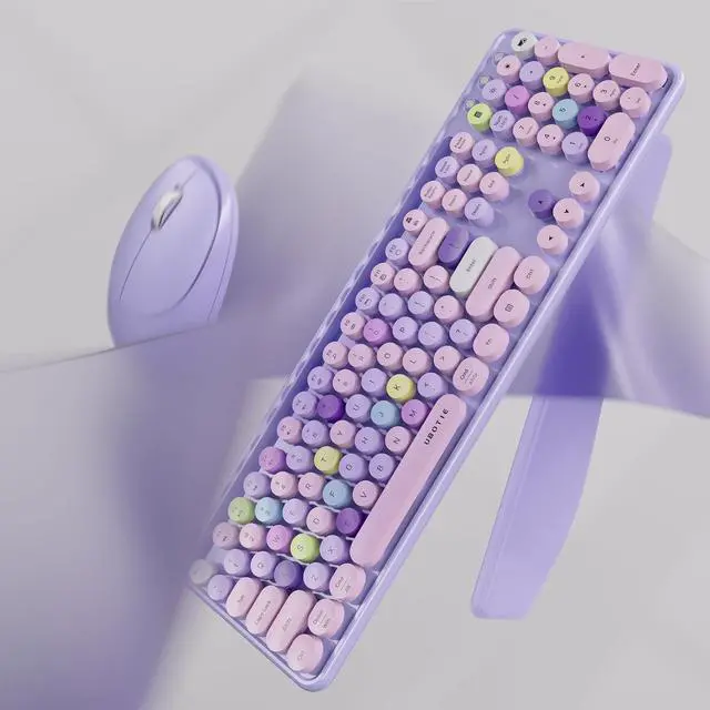 Alt view image 3 of 6 - Ergonomic Wireless Keyboard and Mouse Combo with Phone Holder Wrist Rest, Round Colorful Keys, Power Switches, 2.4GHz USB Receiver, Full-Size QWERTY Layout for PC Laptop (Purple Colorful)