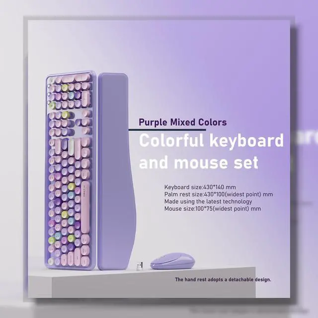 Alt view image 4 of 6 - Ergonomic Wireless Keyboard and Mouse Combo with Phone Holder Wrist Rest, Round Colorful Keys, Power Switches, 2.4GHz USB Receiver, Full-Size QWERTY Layout for PC Laptop (Purple Colorful)