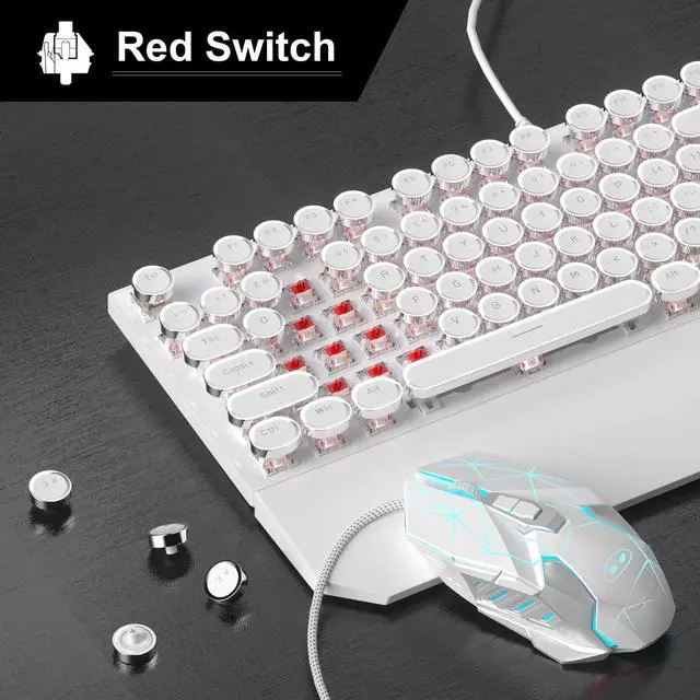 Alt view image 2 of 7 - Retro Typewriter Keyboard and Mouse Combo, Cute White Keyboard with Linear Red Switches, Full Size Wired Mechanical Gaming Keyboard, Cool Light Up Keyboard and Mouse for Gaming,Work,Mac,PC,Windows