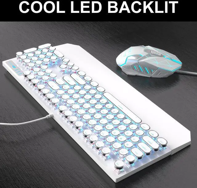 Alt view image 3 of 7 - Retro Typewriter Keyboard and Mouse Combo, Cute White Keyboard with Linear Red Switches, Full Size Wired Mechanical Gaming Keyboard, Cool Light Up Keyboard and Mouse for Gaming,Work,Mac,PC,Windows