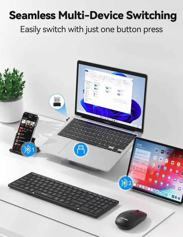 Alt view image 2 of 7 - Foldable Bluetooth Keyboard and Mouse Combo, Wireless Keyboard Mouse, Rechargeable 2.4G & Dual Bluetooth Travel Keyboard Mouse Set for Business Travel, Compatible with Windows/Mac/iOS/Android