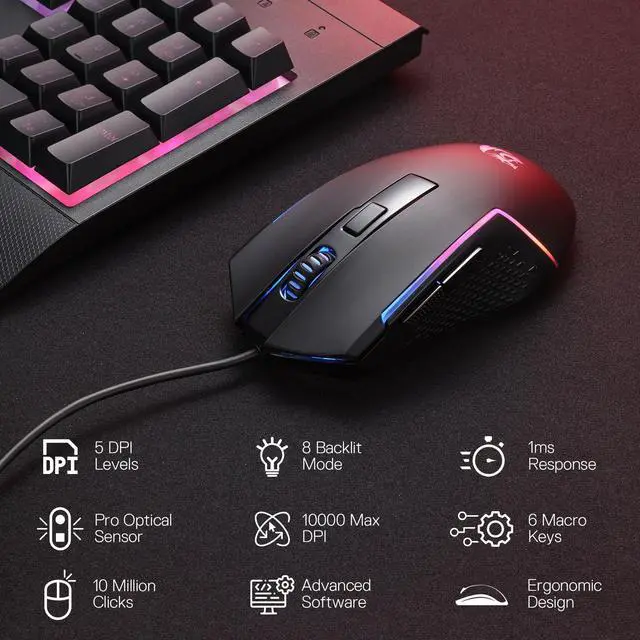 Alt view image 3 of 7 - S151 Gaming Keyboard & Mouse Combo, 104 Keys K525 Wired RGB Membrane Keyboard and 10000 DPI Wired M616 Gaming Mouse Bundle