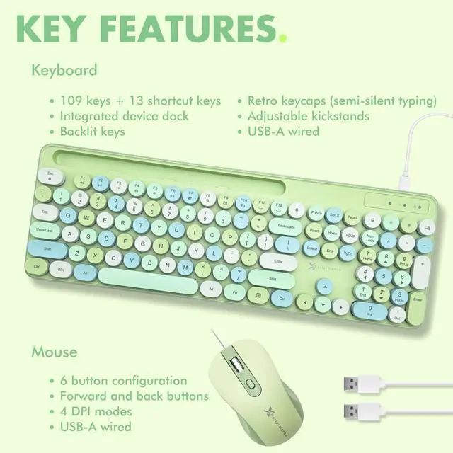 Alt view image 7 of 7 - X9 Wired Keyboard and Mouse Combo - Retro Typewriter Keyboard with Round Keycaps, Soft White Backlight, Phone Dock, 109 Full-Size Keys, Cute Wired Green Keyboard and Mouse for Laptop, PC & Chromebook