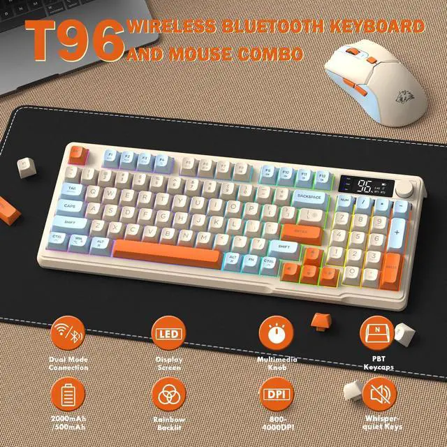 Alt view image 2 of 7 - T96 Wireless Gaming Keyboard and Mouse Combo,Dual Bluetooth/2.4G RGB Backlit Mechanical Feeling Keyboard with Smart Display & Knob,4000 DPI Gaming Mouse for PC Laptop Mac Wins-Blueberry