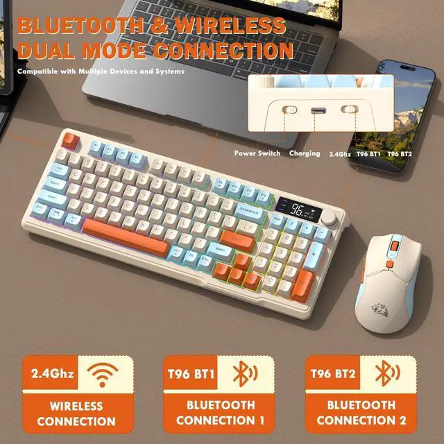 Alt view image 3 of 7 - T96 Wireless Gaming Keyboard and Mouse Combo,Dual Bluetooth/2.4G RGB Backlit Mechanical Feeling Keyboard with Smart Display & Knob,4000 DPI Gaming Mouse for PC Laptop Mac Wins-Blueberry