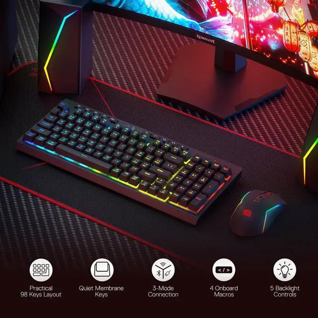Alt view image 2 of 7 - S142 Wireless Gaming Keyboard & Mouse Combo, 98 Keys K515 PRO RGB Membrane Keyboard & 4800 DPI Wireless 2.4Ghz Gaming Mouse Bundle, Convenient Shared Dongle