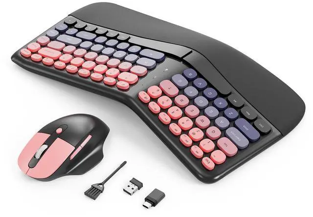 Main image of Ergonomic Wireless Keyboard and Mouse, Mechanical Gaming Set with Wrist Rest & OTG & Brush Ideal for Windows PC, Home, Office and College Black Pink