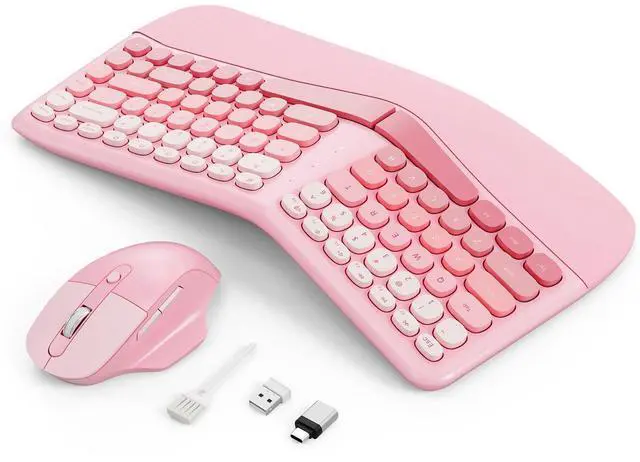 Main image of Ergonomic Wireless Keyboard Mouse, Mechanical Gaming Set with Wrist Rest & OTG & Brush Ideal for Windows PC, Home, Office and College Pink
