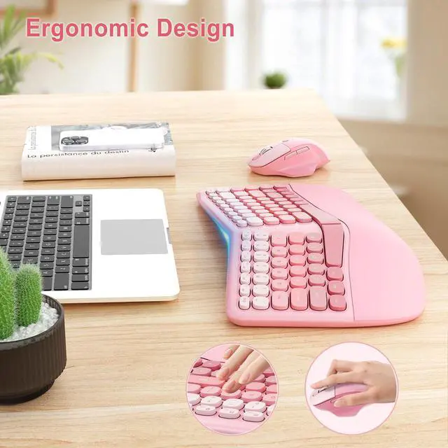 Alt view image 2 of 7 - Ergonomic Wireless Keyboard Mouse, Mechanical Gaming Set with Wrist Rest & OTG & Brush Ideal for Windows PC, Home, Office and College Pink