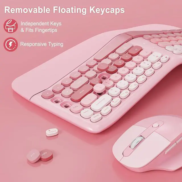 Alt view image 3 of 7 - Ergonomic Wireless Keyboard Mouse, Mechanical Gaming Set with Wrist Rest & OTG & Brush Ideal for Windows PC, Home, Office and College Pink