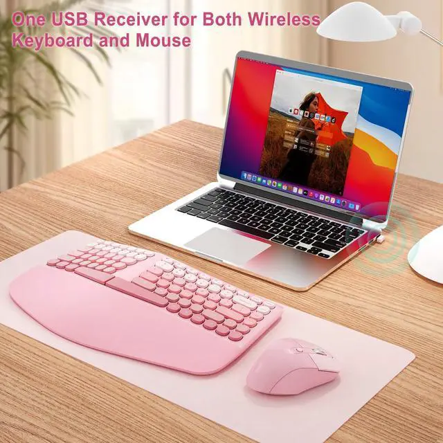 Alt view image 4 of 7 - Ergonomic Wireless Keyboard Mouse, Mechanical Gaming Set with Wrist Rest & OTG & Brush Ideal for Windows PC, Home, Office and College Pink
